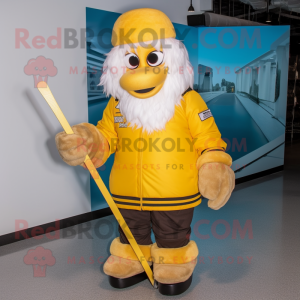 Yellow Ice Hockey Stick mascot costume character dressed with a Parka and Clutch bags