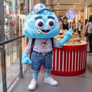 Sky Blue Cupcake mascot costume character dressed with a Denim Shorts and Bracelet watches