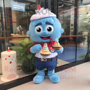 Sky Blue Cupcake mascot costume character dressed with a Denim Shorts and Bracelet watches