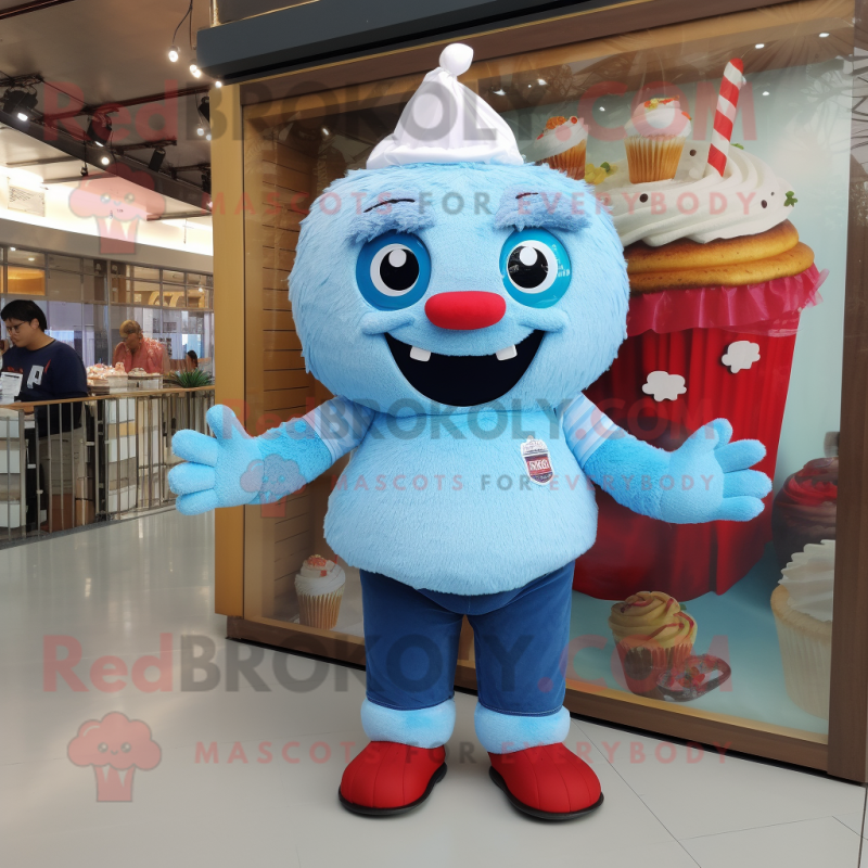 Sky Blue Cupcake mascot costume character dressed with a Denim Shorts and Bracelet watches