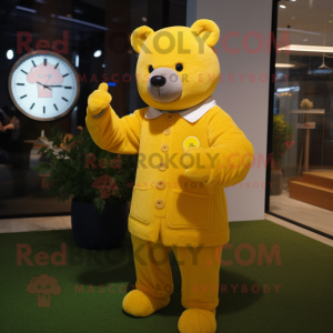 Yellow Bear mascot costume character dressed with a Cardigan and Smartwatches