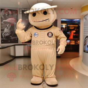 Tan Astronaut mascot costume character dressed with a Empire Waist Dress and Hat pins