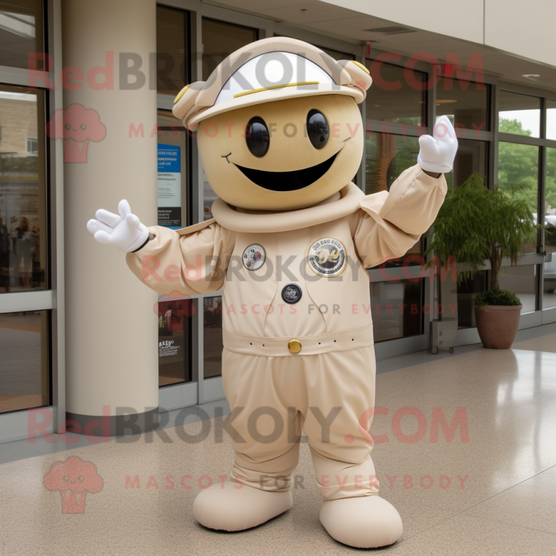 Tan Astronaut mascot costume character dressed with a Empire Waist Dress and Hat pins
