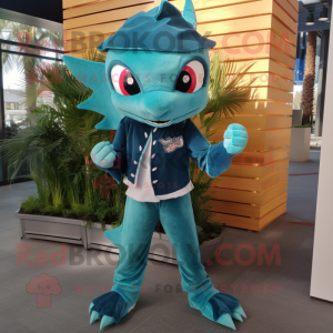 Teal Barracuda mascot costume character dressed with a Flare Jeans and Headbands