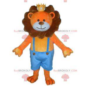 Mascotte leone arancione e marrone con una corona -