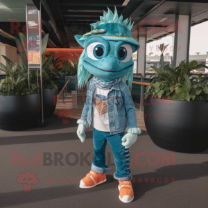 Teal Barracuda mascot costume character dressed with a Flare Jeans and Headbands