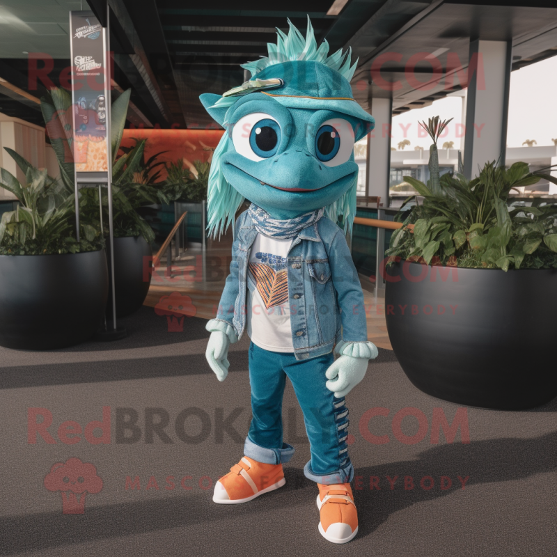 Teal Barracuda mascot costume character dressed with a Flare Jeans and Headbands