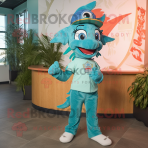 Teal Barracuda mascot costume character dressed with a Flare Jeans and Headbands