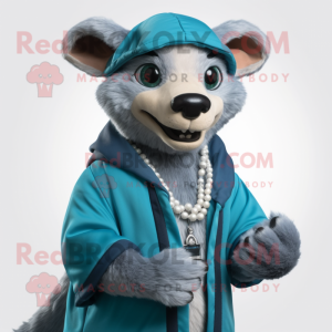 Cyan Thylacosmilus mascot costume character dressed with a Parka and Necklaces