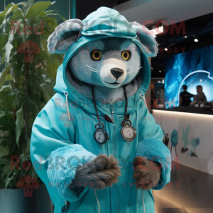 Cyan Thylacosmilus mascot costume character dressed with a Parka and Necklaces