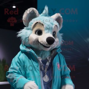 Cyan Thylacosmilus mascot costume character dressed with a Parka and Necklaces