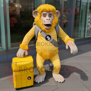 Lemon Yellow Baboon mascot costume character dressed with a T-Shirt and Messenger bags