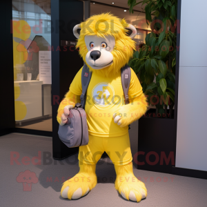 Lemon Yellow Baboon mascot costume character dressed with a T-Shirt and Messenger bags