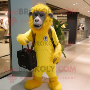 Lemon Yellow Baboon mascot costume character dressed with a T-Shirt and Messenger bags