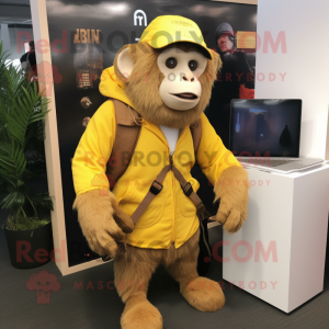 Lemon Yellow Baboon mascot costume character dressed with a T-Shirt and Messenger bags