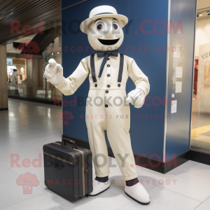 Cream Mime mascot costume character dressed with a Bootcut Jeans and Briefcases