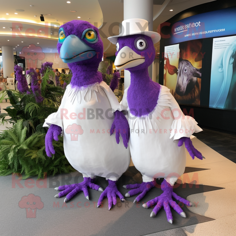 Purple Archeopteryx mascot costume character dressed with a Wedding Dress and Mittens Purple Archeopteryx mascot costume character dressed with a Wedding Dress and Mittens