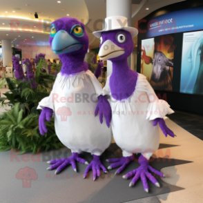 Purple Archeopteryx mascot costume character dressed with a Wedding Dress and Mittens