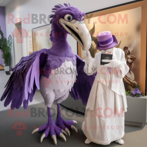 Purple Archeopteryx mascot costume character dressed with a Wedding Dress and Mittens