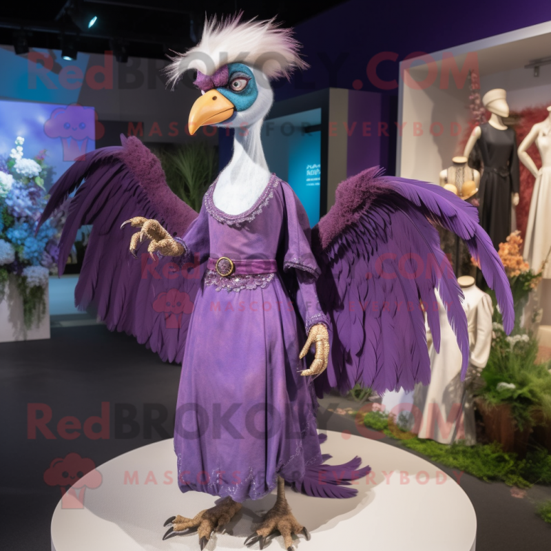 Purple Archeopteryx mascot costume character dressed with a Wedding Dress and Mittens Purple Archeopteryx mascot costume character dressed with a Wedding Dress and Mittens