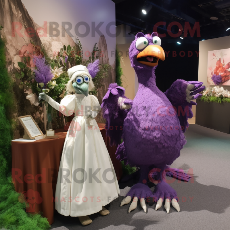 Purple Archeopteryx mascot costume character dressed with a Wedding Dress and Mittens Purple Archeopteryx mascot costume character dressed with a Wedding Dress and Mittens