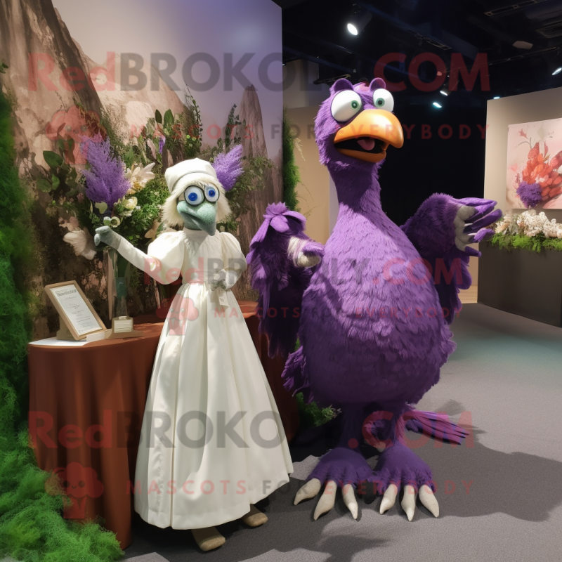 Purple Archeopteryx mascot costume character dressed with a Wedding Dress and Mittens