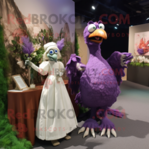 Purple Archeopteryx mascot costume character dressed with a Wedding Dress and Mittens