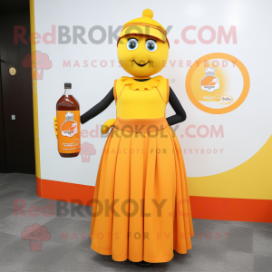 Orange Bottle Of Mustard mascot costume character dressed with a Empire Waist Dress and Coin purses