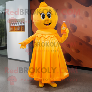 Orange Bottle Of Mustard mascot costume character dressed with a Empire Waist Dress and Coin purses