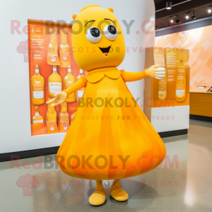 Orange Bottle Of Mustard mascot costume character dressed with a Empire Waist Dress and Coin purses