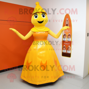 Orange Bottle Of Mustard mascot costume character dressed with a Empire Waist Dress and Coin purses