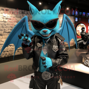 Cyan Bat mascot costume character dressed with a Biker Jacket and Bracelet watches