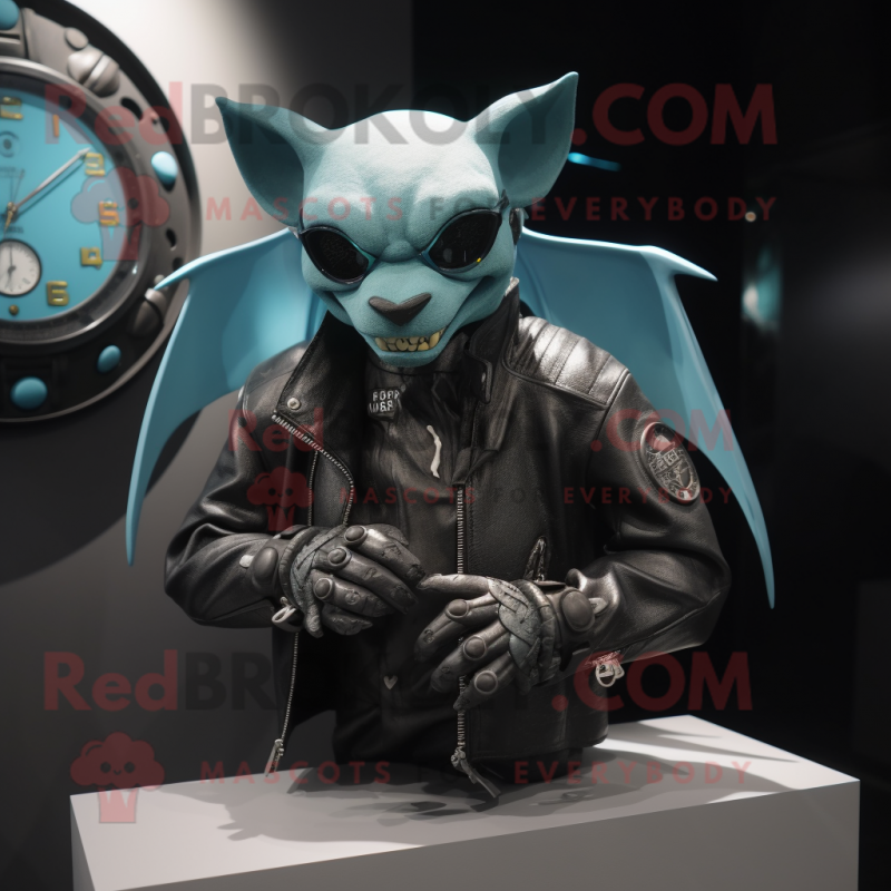 Cyan Bat mascot costume character dressed with a Biker Jacket and Bracelet watches Cyan Bat mascot costume character dressed with a Biker Jacket and Bracelet watches