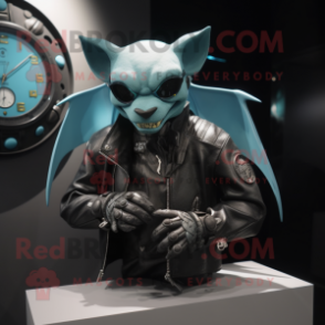 Cyan Bat mascot costume character dressed with a Biker Jacket and Bracelet watches