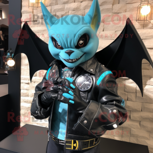 Cyan Bat mascot costume character dressed with a Biker Jacket and Bracelet watches