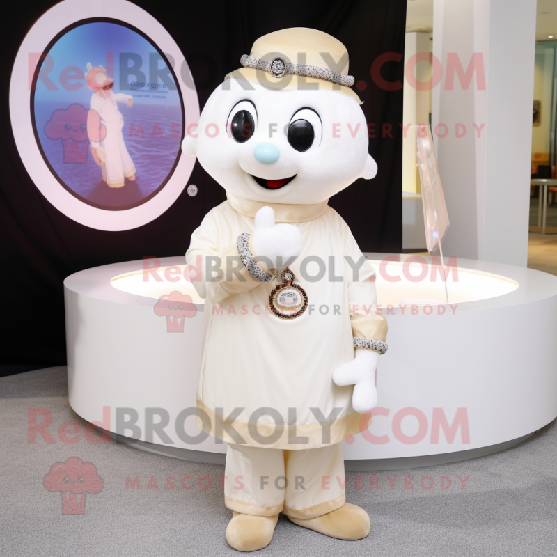 Cream Engagement Ring mascot costume character dressed with a Coat and Bracelets Cream Engagement Ring mascot costume character dressed with a Coat and Bracelets