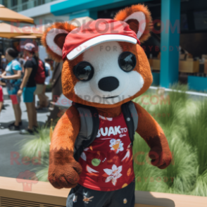 Rust Red Panda mascot costume character dressed with a Swimwear and Beanies