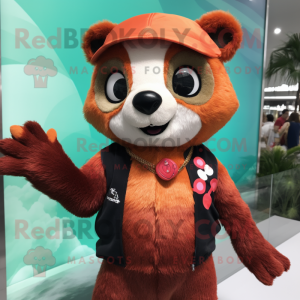 Rust Red Panda mascot costume character dressed with a Swimwear and Beanies