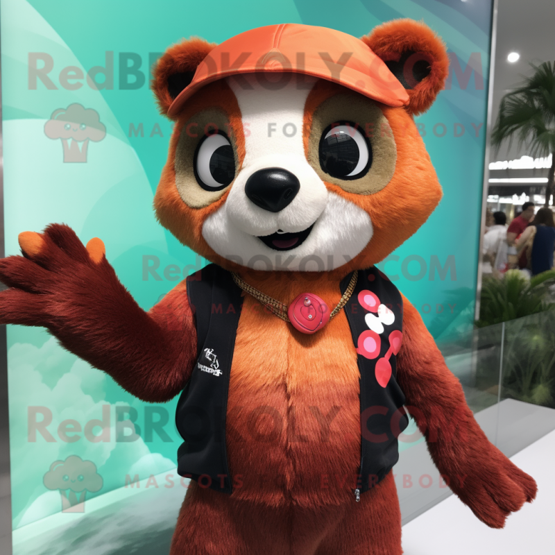 Rust Red Panda mascot costume character dressed with a Swimwear and Beanies Rust Red Panda mascot costume character dressed with a Swimwear and Beanies