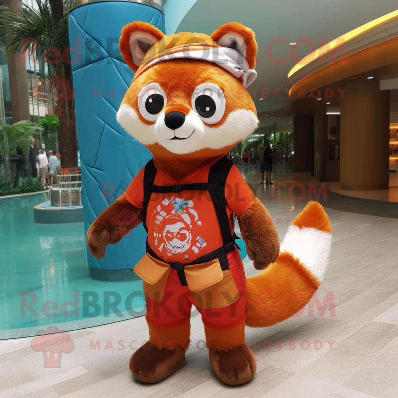 Rust Red Panda mascot costume character dressed with a Swimwear and Beanies Rust Red Panda mascot costume character dressed with a Swimwear and Beanies