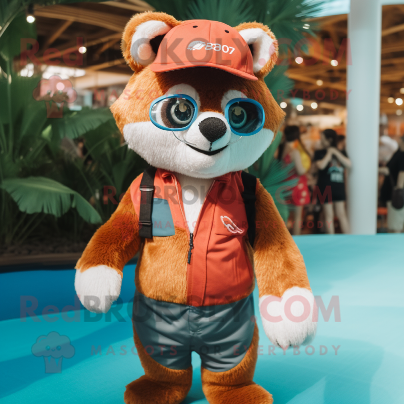 Rust Red Panda mascot costume character dressed with a Swimwear and Beanies