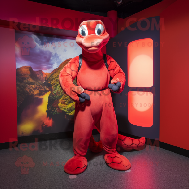 Red Anaconda mascot costume character dressed with a Playsuit and Mittens