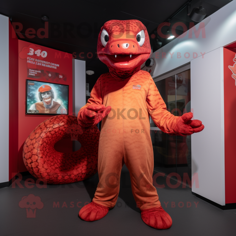 Red Anaconda mascot costume character dressed with a Playsuit and Mittens Red Anaconda mascot costume character dressed with a Playsuit and Mittens