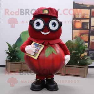 Maroon Tomato mascot costume character dressed with a Chinos and Reading glasses