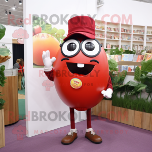 Maroon Tomato mascot costume character dressed with a Chinos and Reading glasses