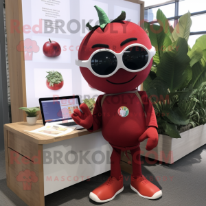 Maroon Tomato mascot costume character dressed with a Chinos and Reading glasses