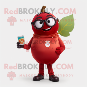 Maroon Tomato mascot costume character dressed with a Chinos and Reading glasses