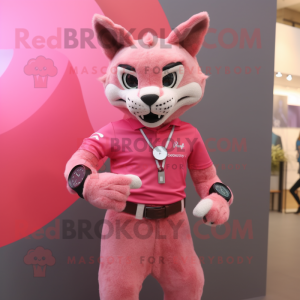 Pink Bobcat mascot costume character dressed with a Empire Waist Dress and Smartwatches