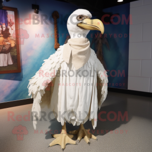 White Dodo Bird mascot costume character dressed with a Pleated Skirt and Shawl pins