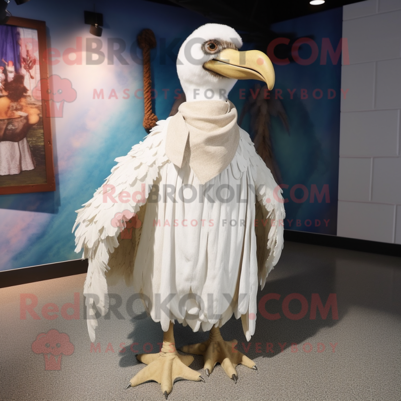White Dodo Bird mascot costume character dressed with a Pleated Skirt and Shawl pins White Dodo Bird mascot costume character dressed with a Pleated Skirt and Shawl pins